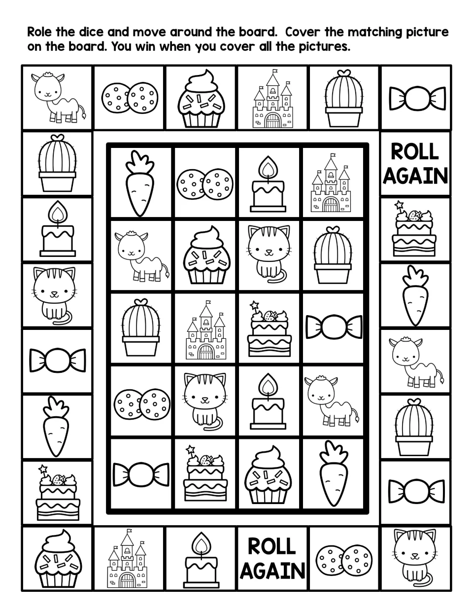 Black-and-white C sound game board: students roll and cover pictures such as camel, castle, cupcake, candle and carrot