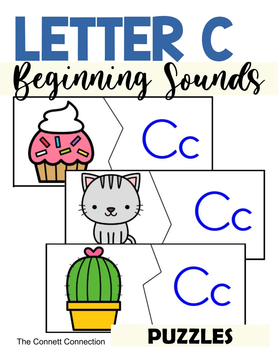 Cover for Letter C beginning sounds puzzles showing two-piece cards that pair a cupcake, kitten and cactus with Cc