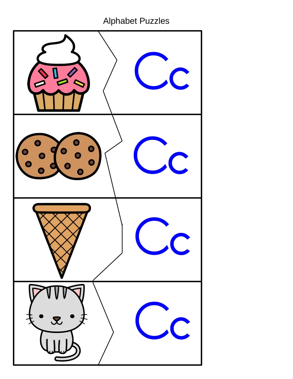 C beginning sound puzzles: students cut and match cupcake, cookies, ice cream cone and cat pictures to their Cc pieces