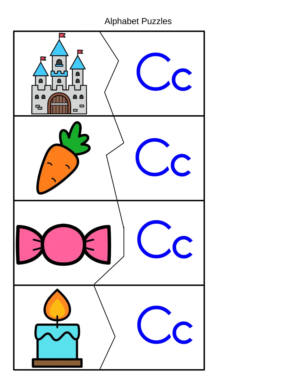 Initial C sound puzzles: students cut apart and join castle, carrot, candy and candle pictures to matching Cc halves