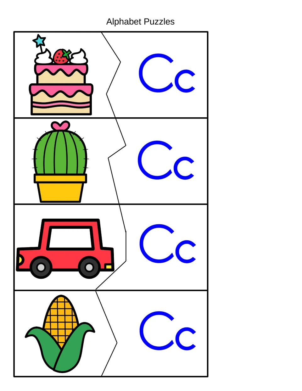 Letter C picture matching: students cut out cake, cactus, car and corn puzzles and fit each picture to its Cc piece