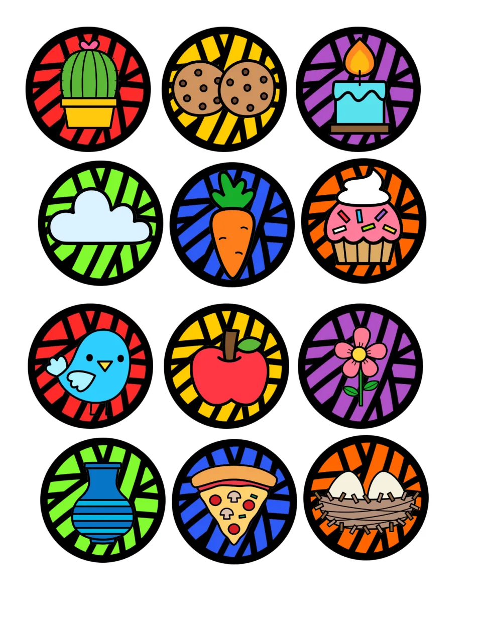 Beginning sound picture cards: cactus, cookies, candle, cloud, carrot, cupcake, bird, apple, flower, vase, pizza, nest