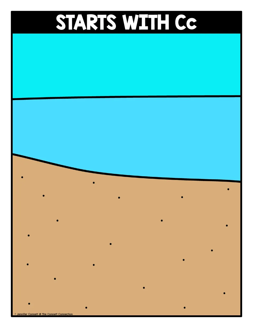 Starts With Cc sorting mat: a beach scene of sky, sea and sand where students place picture cards that begin with C