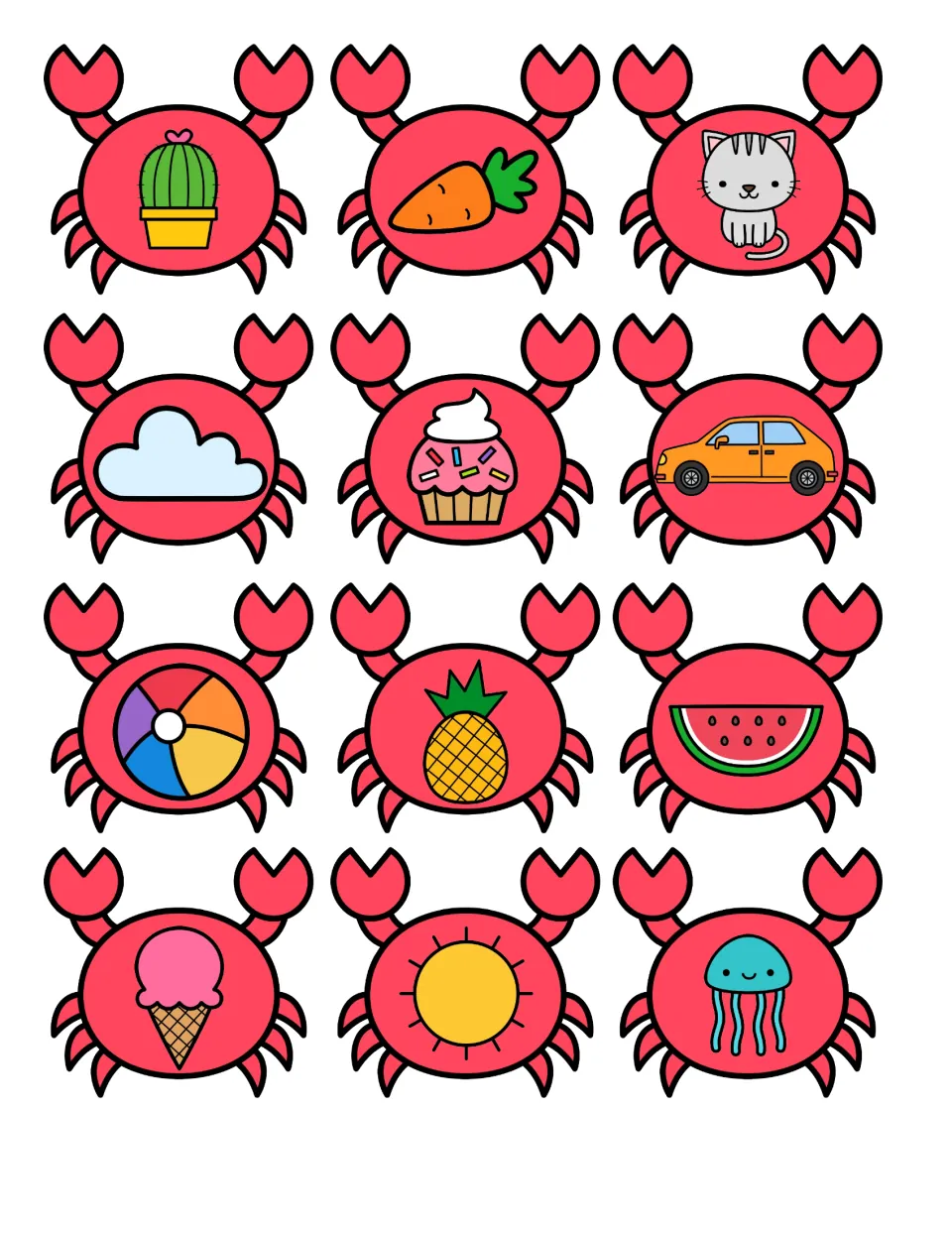 Crab picture cards for sorting the C sound: cactus, carrot, cat, cloud, cupcake, car, beach ball, pineapple, sun and more