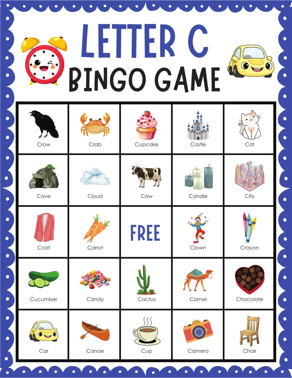 Letter C bingo card: students cover labeled pictures of C words such as crow, crab, cupcake, castle and cat