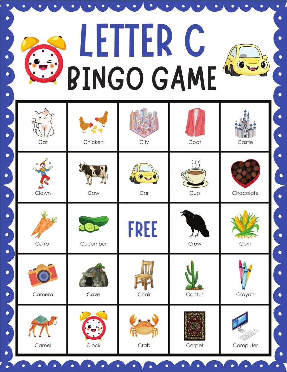 Second C bingo card with labeled pictures starting with cat, chicken, city, coat and castle; players mark called words