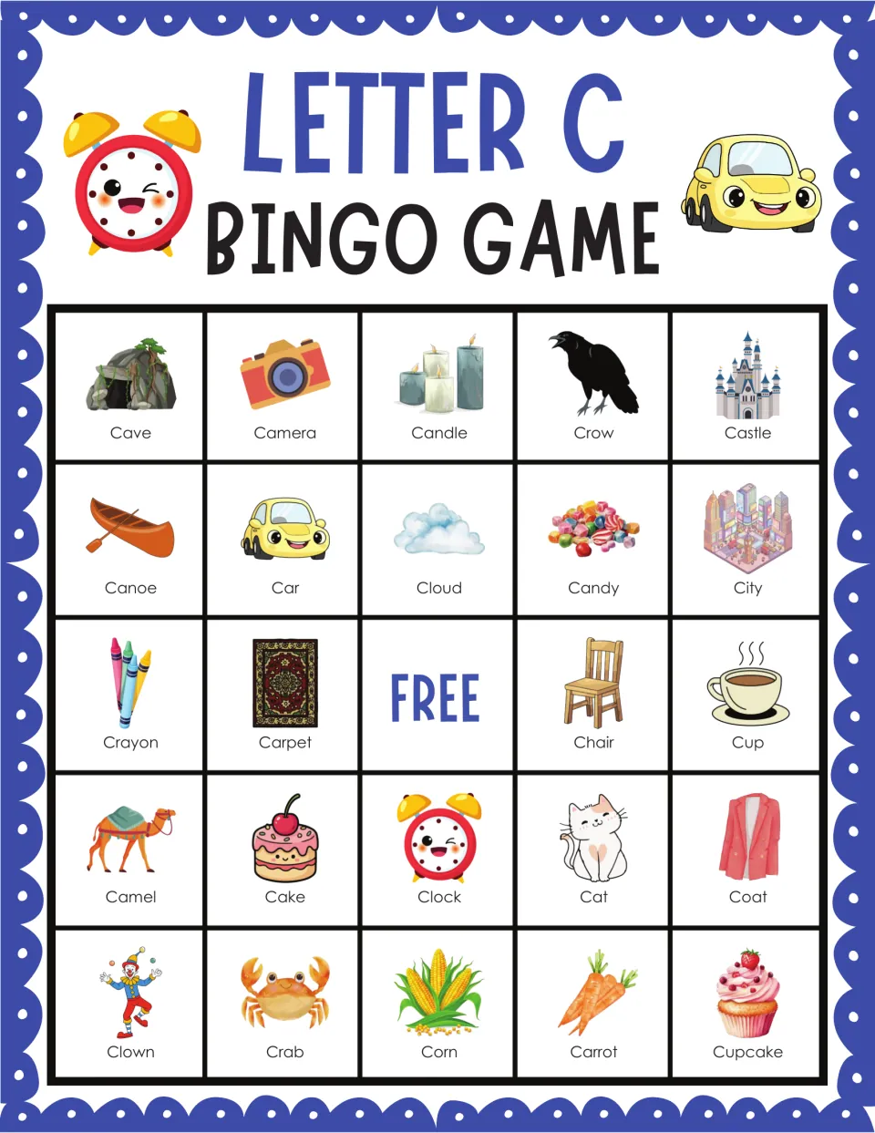 Letter C picture bingo card headed by cave, camera, candle, crow and castle; students find each called C word