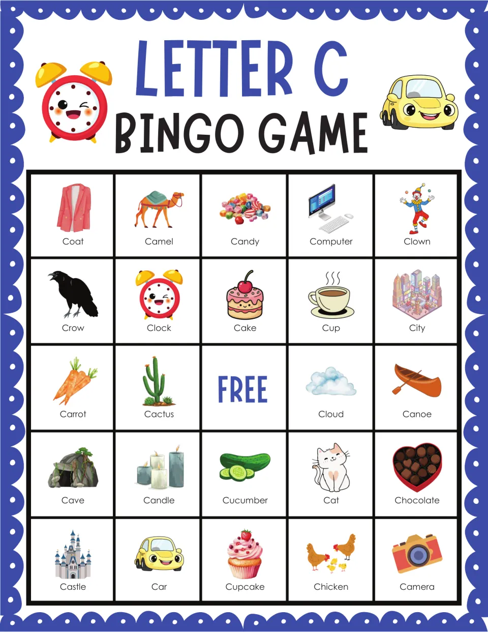 Bingo card of C words opening with coat, camel, candy, computer and clown; children mark pictures as the caller names them