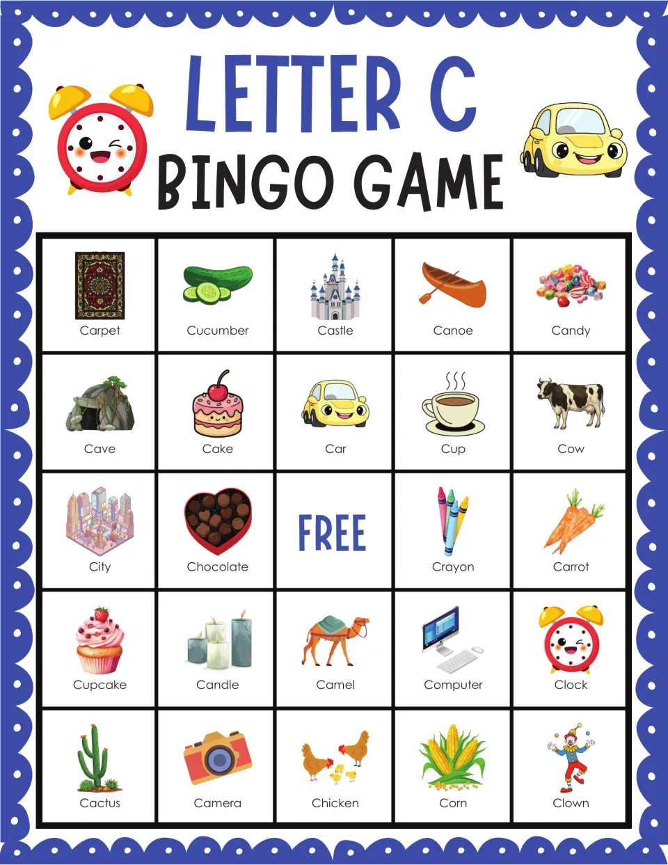 Letter C bingo card starting with carpet, cucumber, castle, canoe and candy; students listen and cover matching pictures
