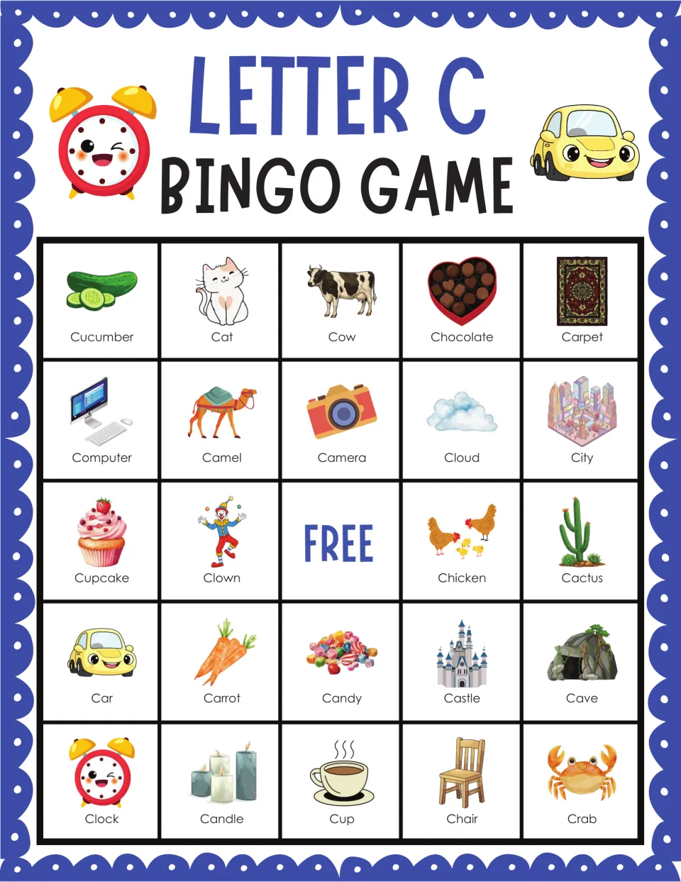 C words bingo card beginning with cucumber, cat, cow, chocolate and carpet; players cover each picture called aloud