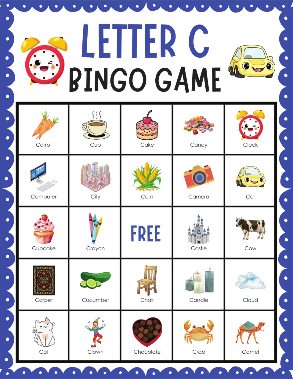 Picture bingo for letter C opening with carrot, cup, cake, candy and clock; children cover words like corn and crab