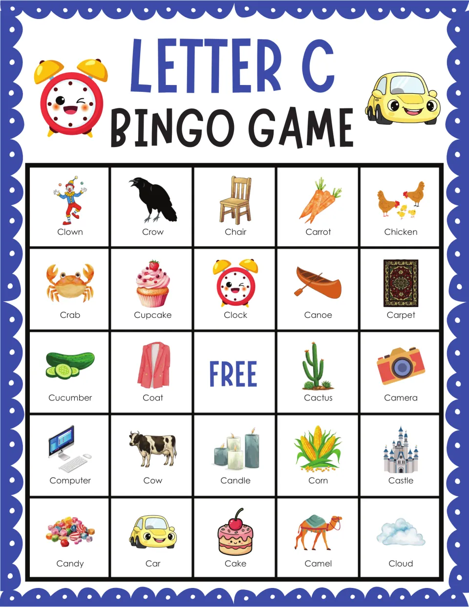 Letter C bingo card led by clown, crow, chair, carrot and chicken; students mark labeled pictures that begin with C