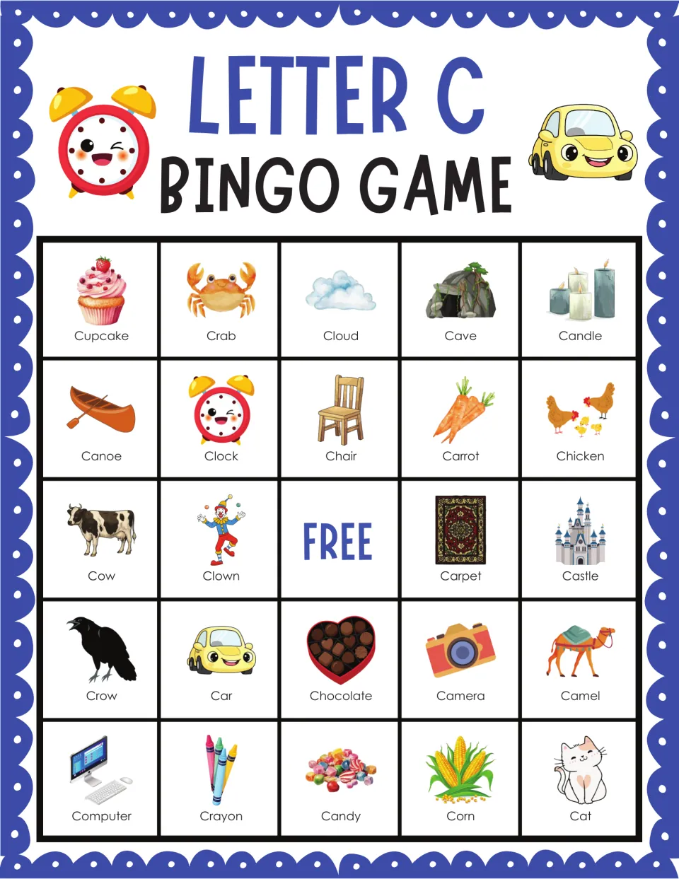 C bingo card starting with cupcake, crab, cloud, cave and candle; players cover pictured words such as computer and corn