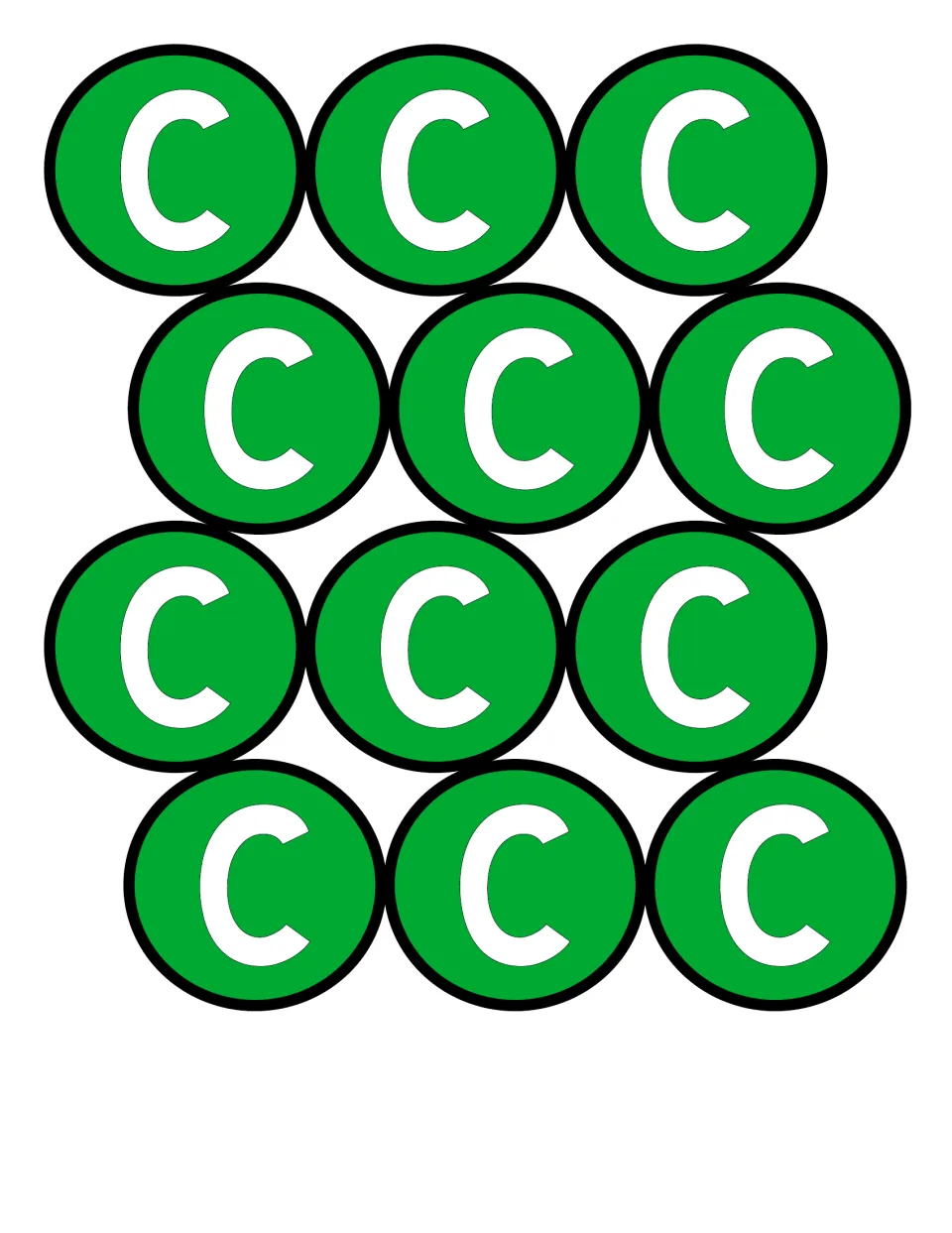 Capital C cut-outs: twelve green circles each printed with an uppercase C for students to cut and sort onto the mat