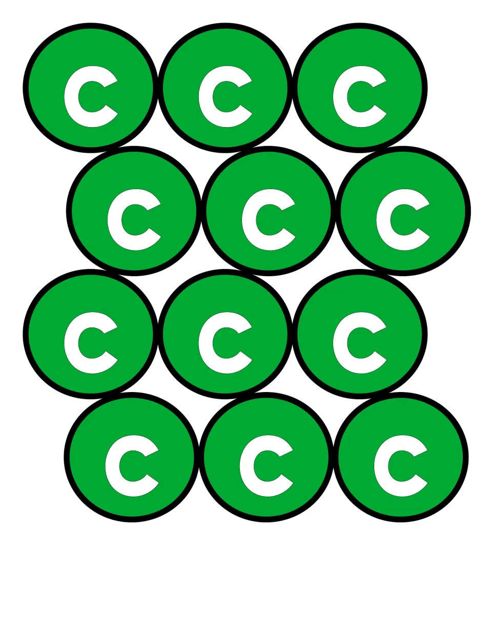 Lowercase c cut-outs: twelve green circles each printed with a lowercase c for students to cut and add to a caterpillar