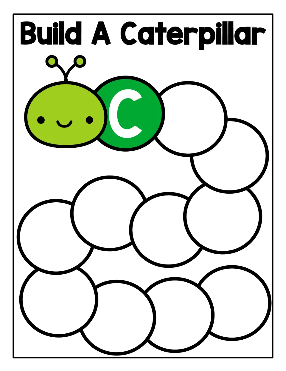 Build A Caterpillar mat for capital C: students fill the empty body circles with uppercase C pieces behind the head