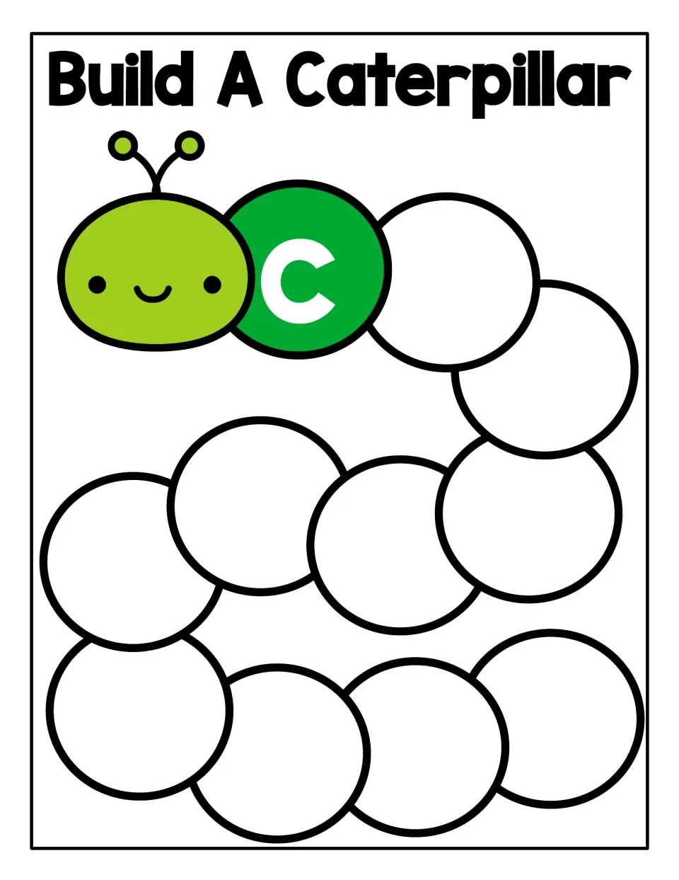 Build A Caterpillar mat for lowercase c: students sort lowercase c circles into the empty body segments to extend it