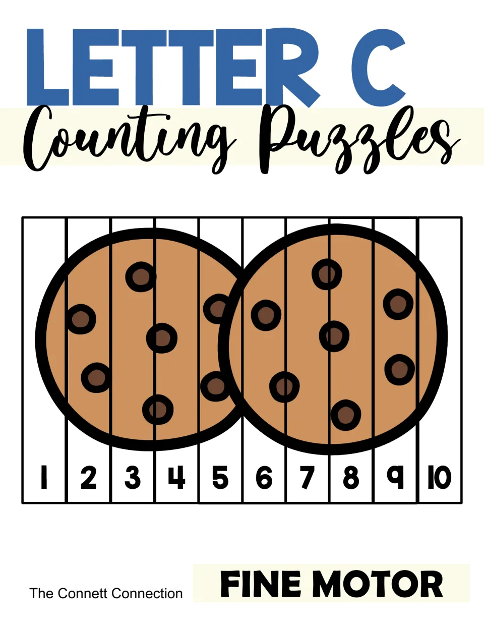 Letter C Counting Puzzles cover: two chocolate chip cookies cut into 10 strips numbered 1 to 10, marked Fine Motor