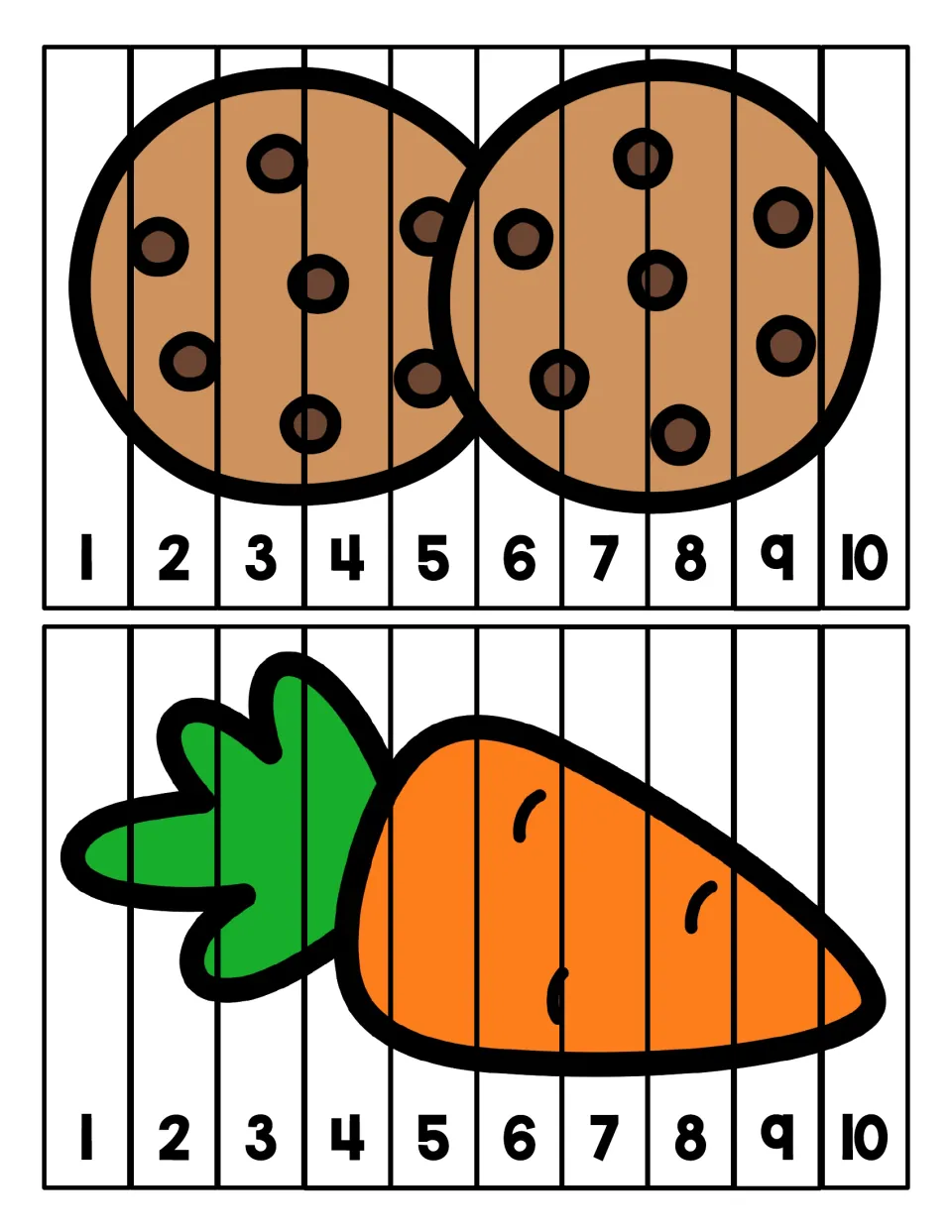 Cookie and carrot puzzles: students order 10 picture strips by the numbers 1 to 10 to rebuild each C-word image