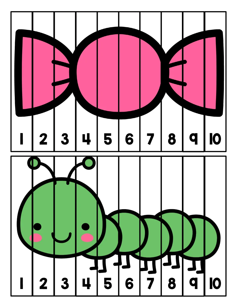 Candy and caterpillar puzzles: children sequence strips numbered 1 to 10 so the pink candy and green caterpillar appear