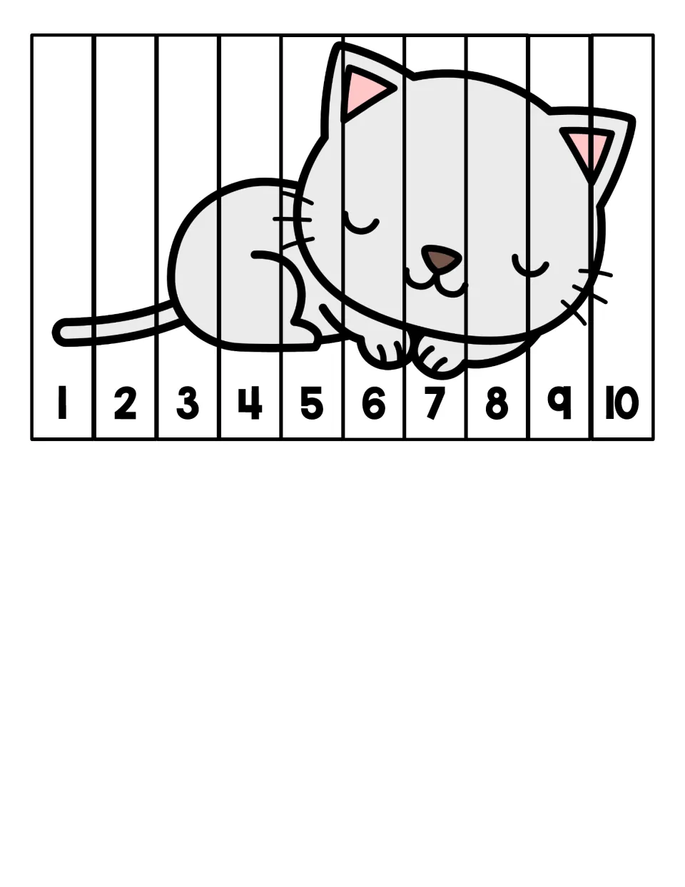 Cat puzzle: learners put strips labeled 1 to 10 in counting order to complete a picture of a sleeping gray cat