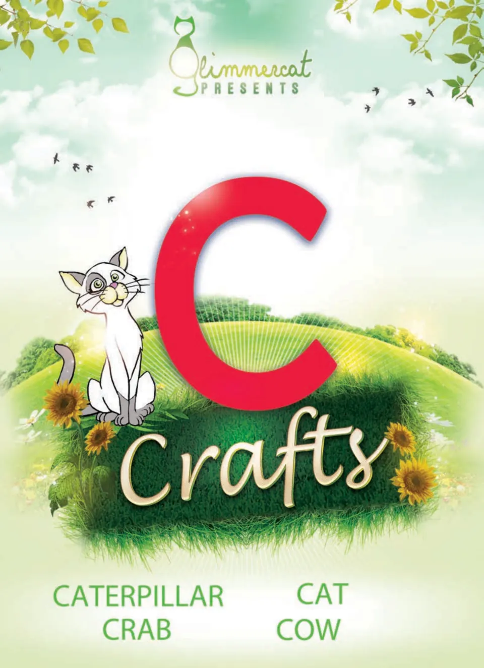 Glimmercat cover for C Crafts: a red letter C and a cat on a hill, listing caterpillar, cat, crab and cow crafts