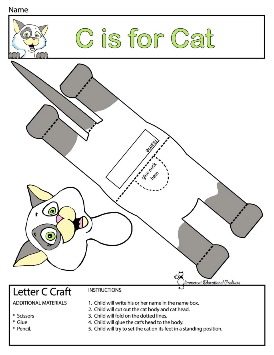 C is for Cat craft in color: children cut out a cat body and head, fold the legs and glue on the head so it stands