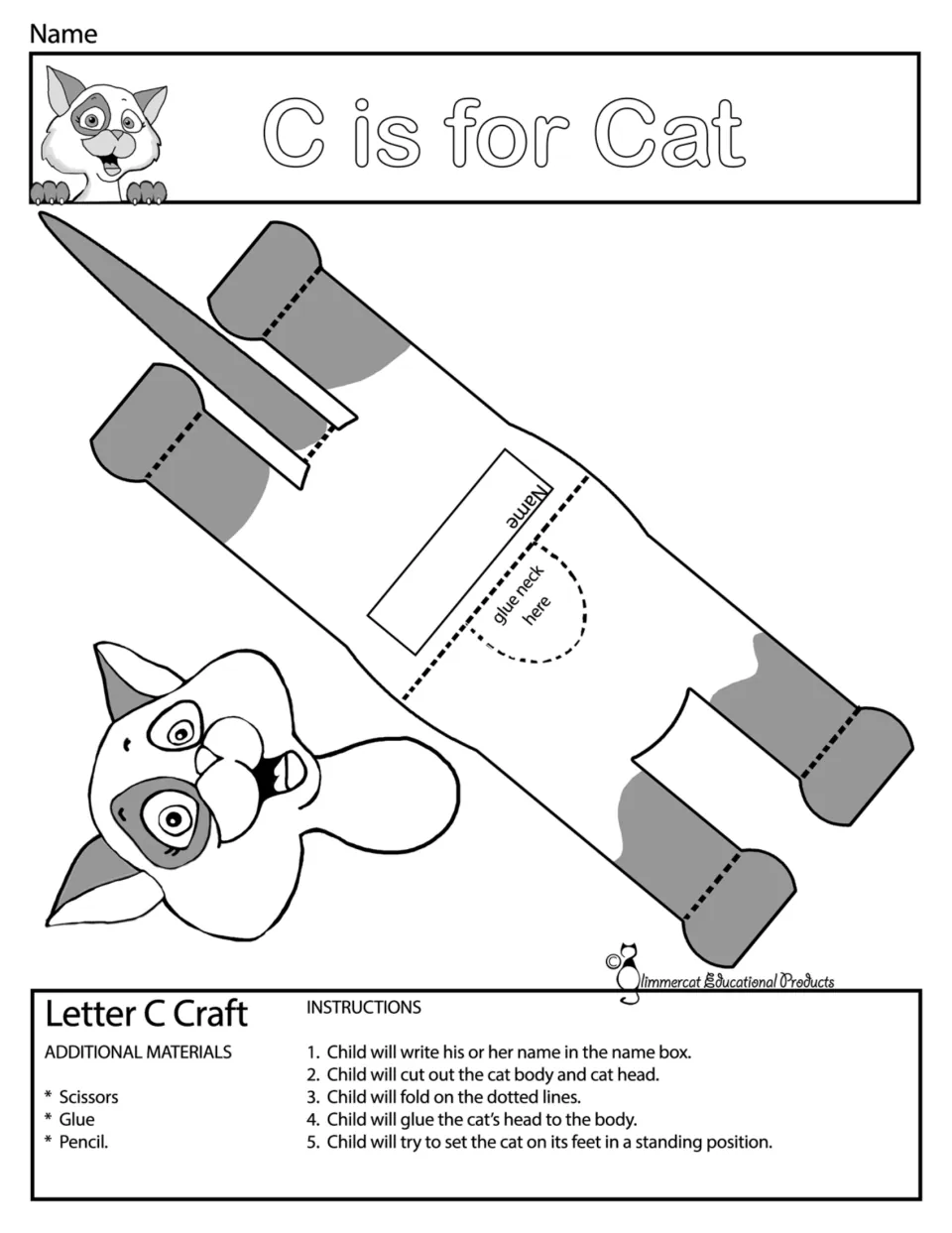 C is for Cat craft in black and white: outline title, cat head and body to cut out, fold and glue into a standing cat
