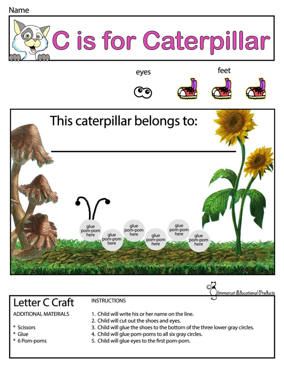 C is for Caterpillar in color: children glue six pom-poms on gray circles, then add cut-out eyes and shoes in a garden scene