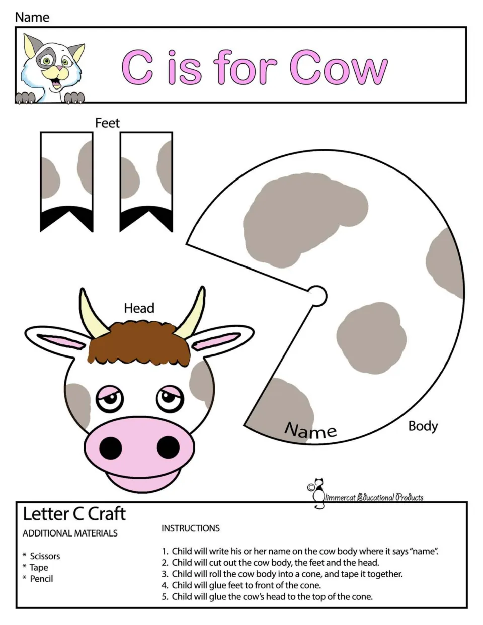C is for Cow in color: children cut out the spotted body, feet and head, roll the body into a taped cone and attach them
