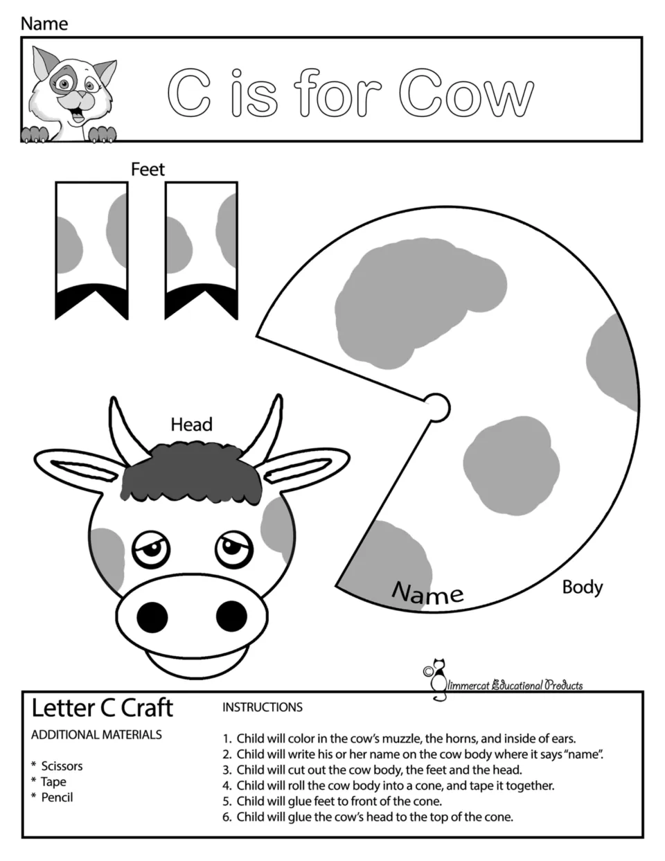 C is for Cow to color: children color the muzzle, horns and ears, then cut, roll and tape the body into a cone with a head