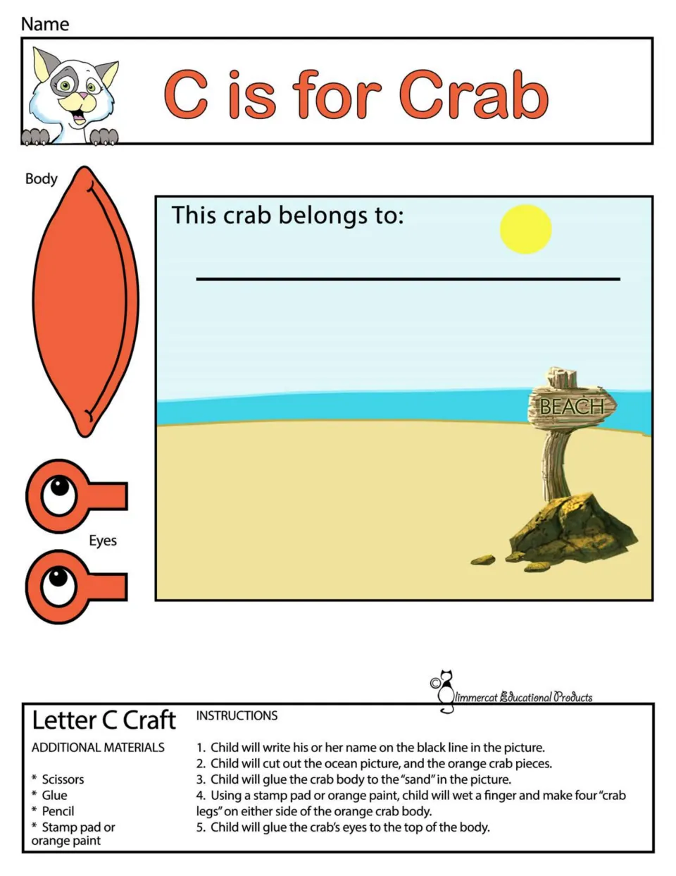 C is for Crab: children glue a cut-out crab body and eyes onto a beach scene and add fingerprint legs with orange paint