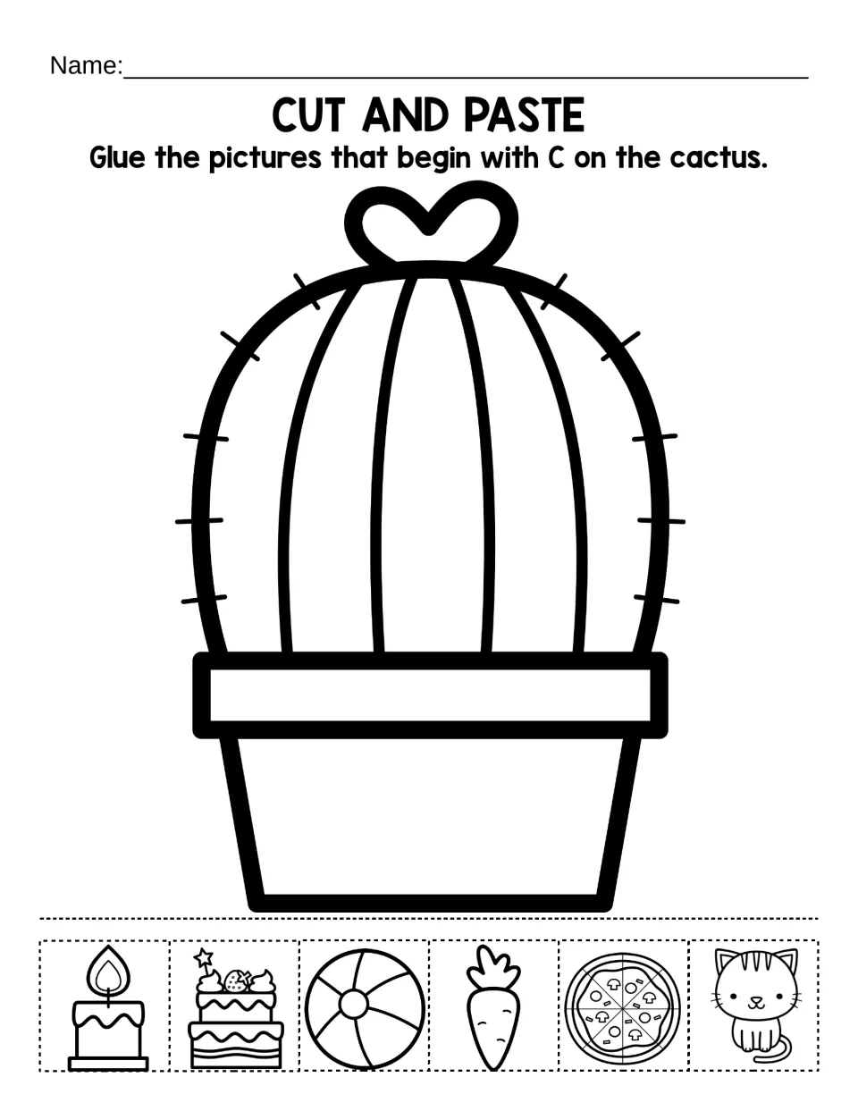 Letter C beginning sounds: students cut out candle, cake, ball, carrot, pizza and cat pictures and glue C words on a cactus