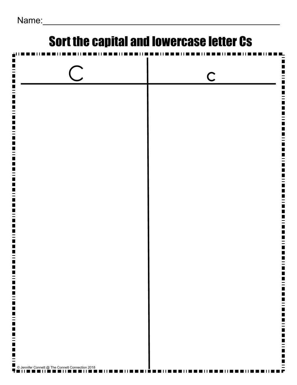 Capital and lowercase C sort: students place each letter C under the uppercase C or lowercase c heading to tell them apart