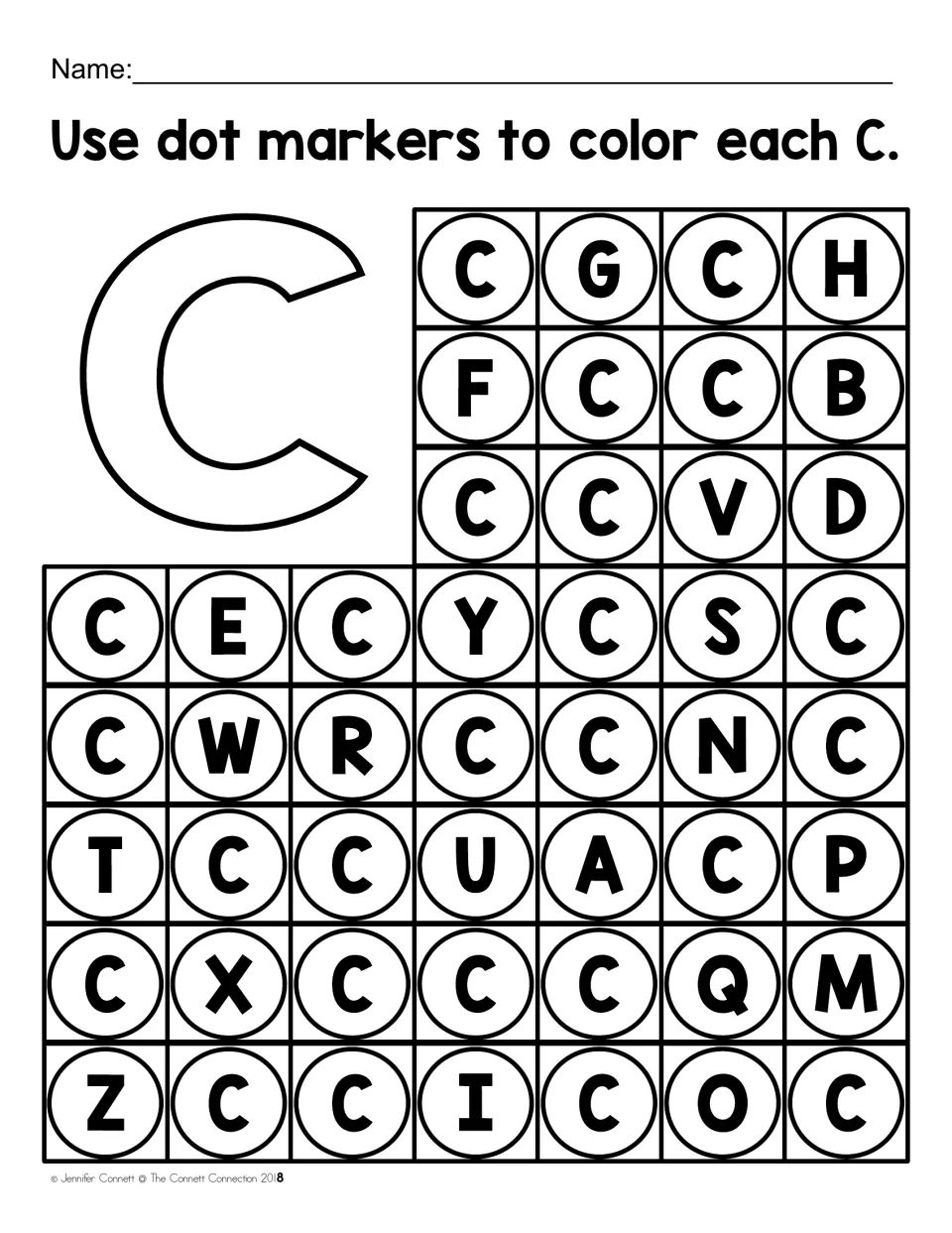 Uppercase C letter recognition: students dab each capital C among mixed letters with dot markers, beside a large outline C