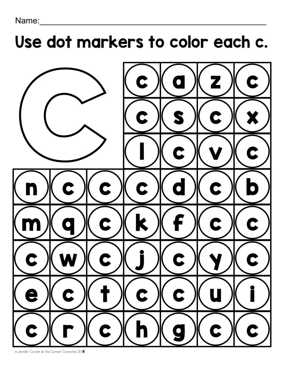 Lowercase c letter recognition: students use dot markers to color every c hidden among other lowercase letters