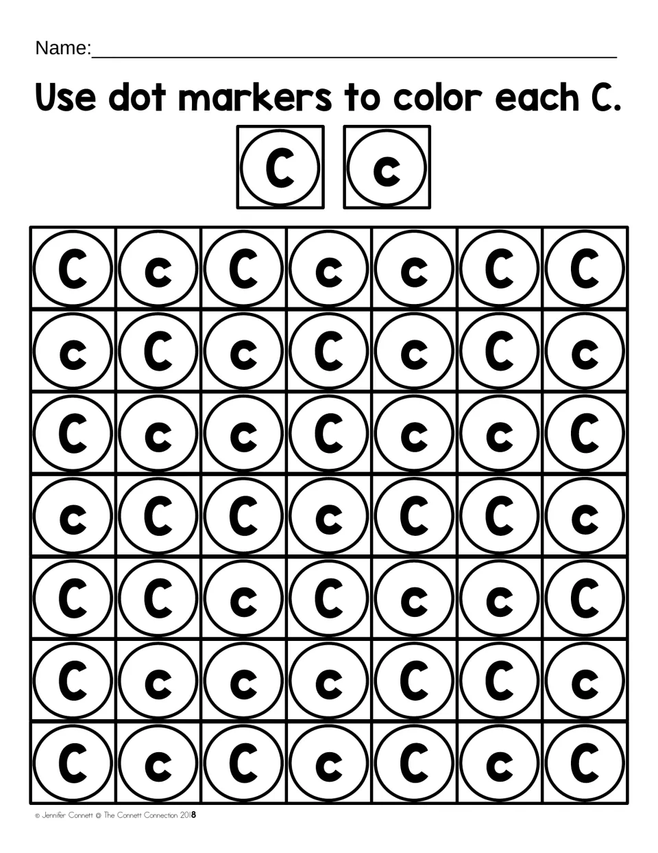 Mixed-case letter C practice: students dab every uppercase C and lowercase c in a 7-by-7 set of circled letters