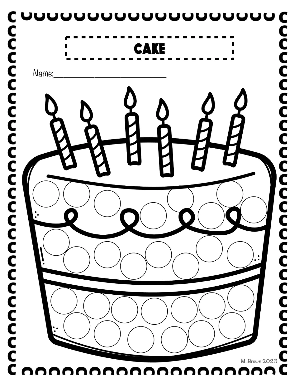 Cake dot page: students fill the circles on a three-layer birthday cake with six candles to link the word cake to C