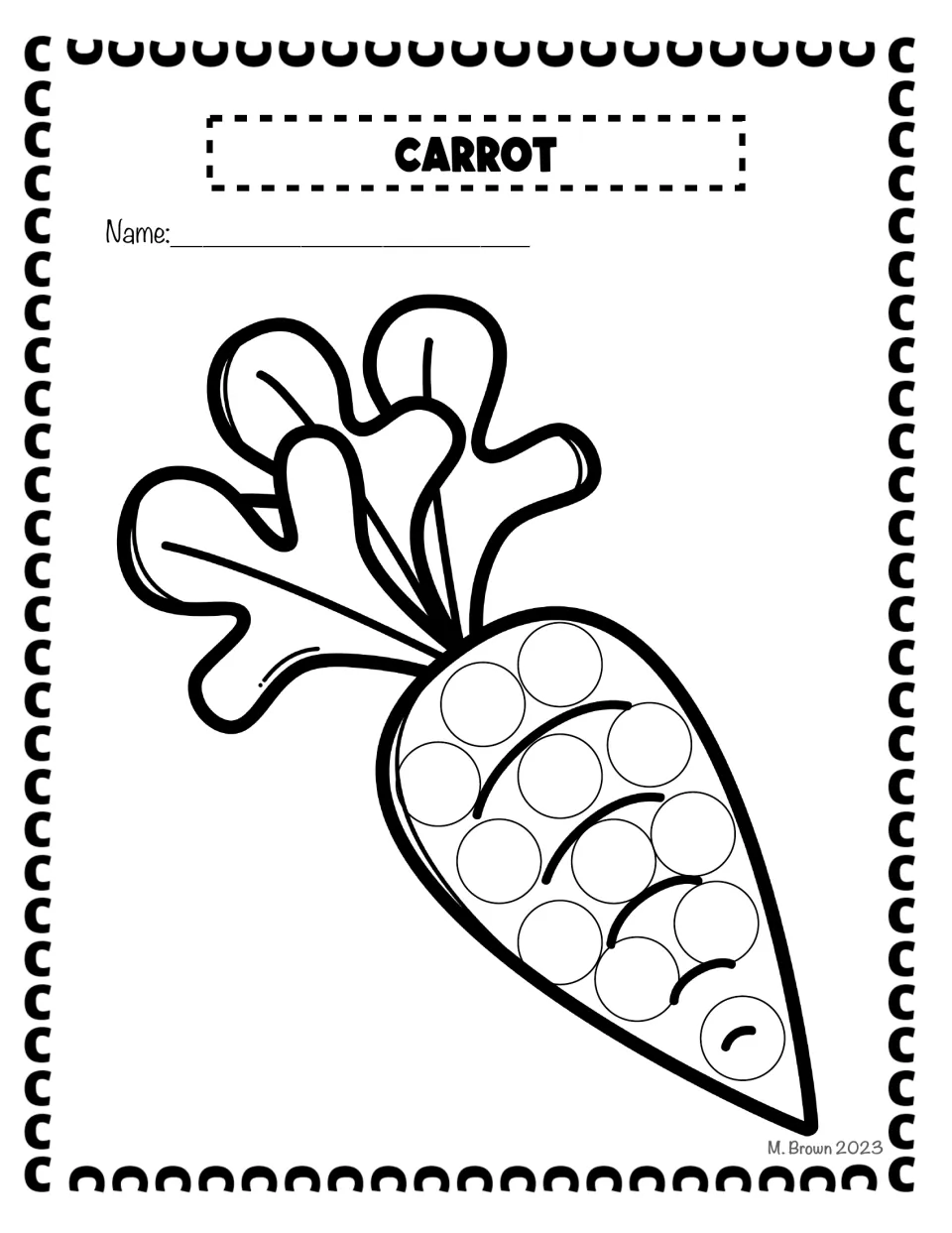 Carrot dot page: students dab each circle on a leafy carrot outline while saying carrot, a word beginning with C