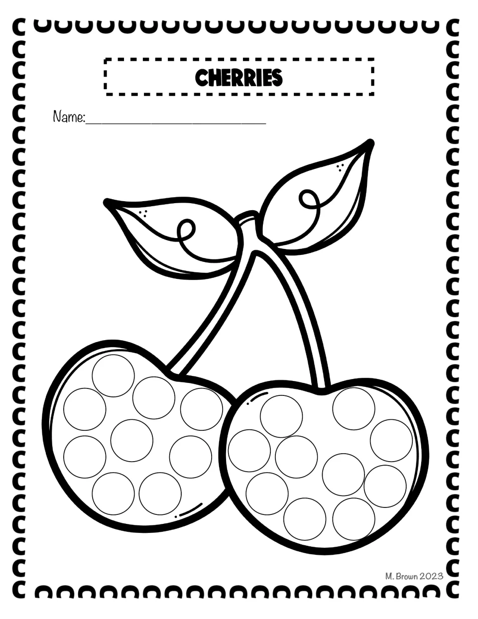 Cherries dot page: students fill circles on a pair of cherries joined by a stem and leaves, naming another C word