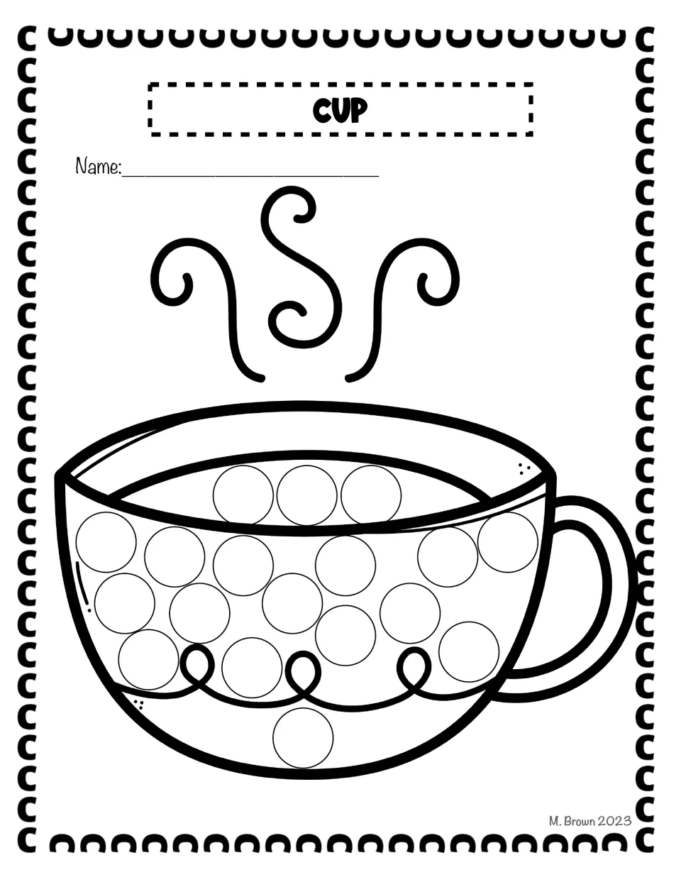 Cup dot page: students dab the circles on a steaming teacup with a handle while practising the C word cup