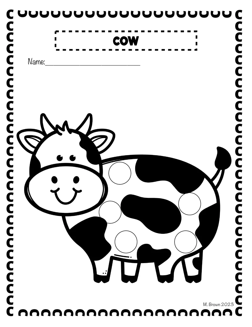 Cow dot page: students dab five circles placed among the spots of a smiling cow, connecting the animal name to C