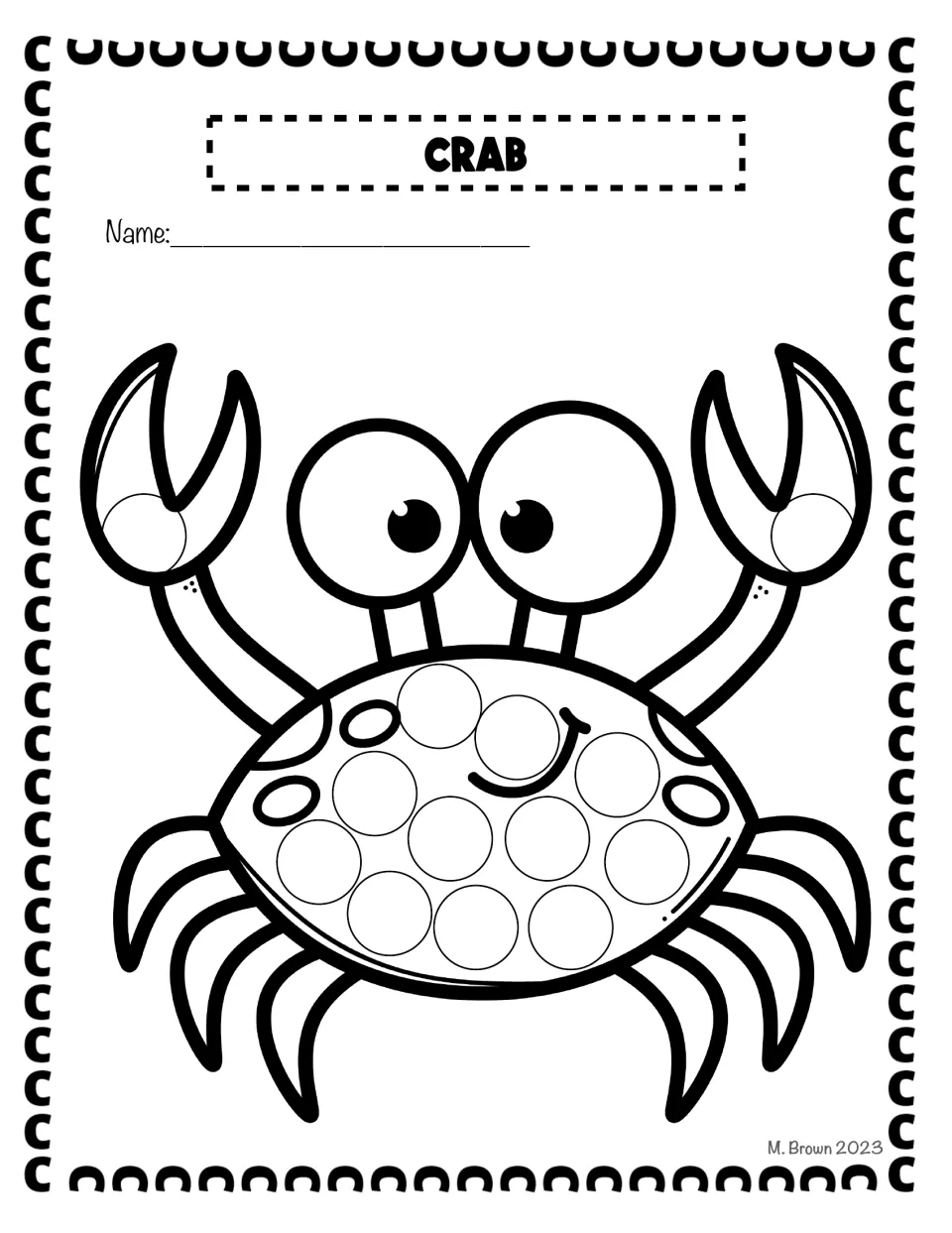 Crab dot page: students fill circles on the shell and both claws of a wide-eyed crab, a C word for sound practice