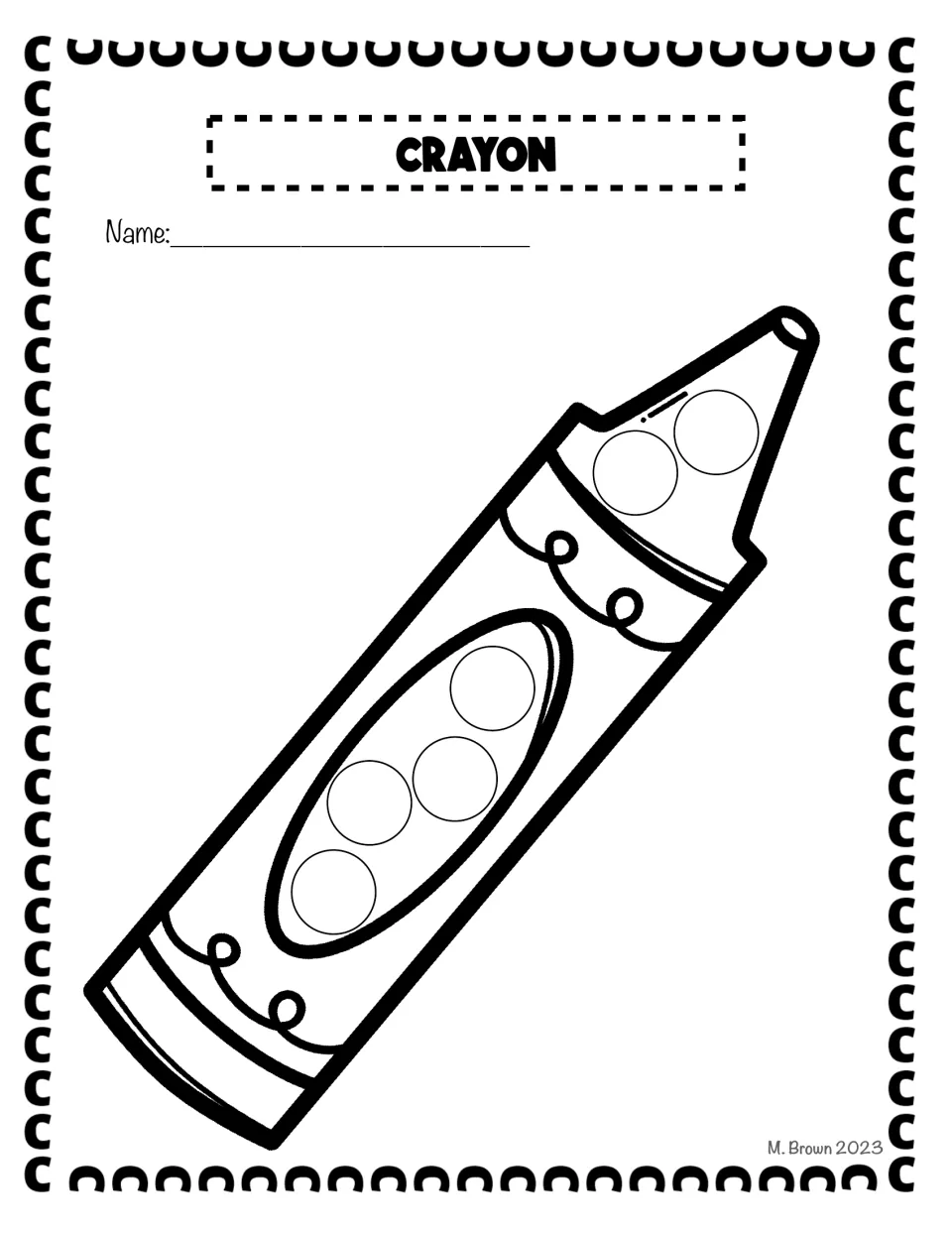 Crayon dot page: students dab six circles on the tip and label of a large crayon while naming the C word crayon
