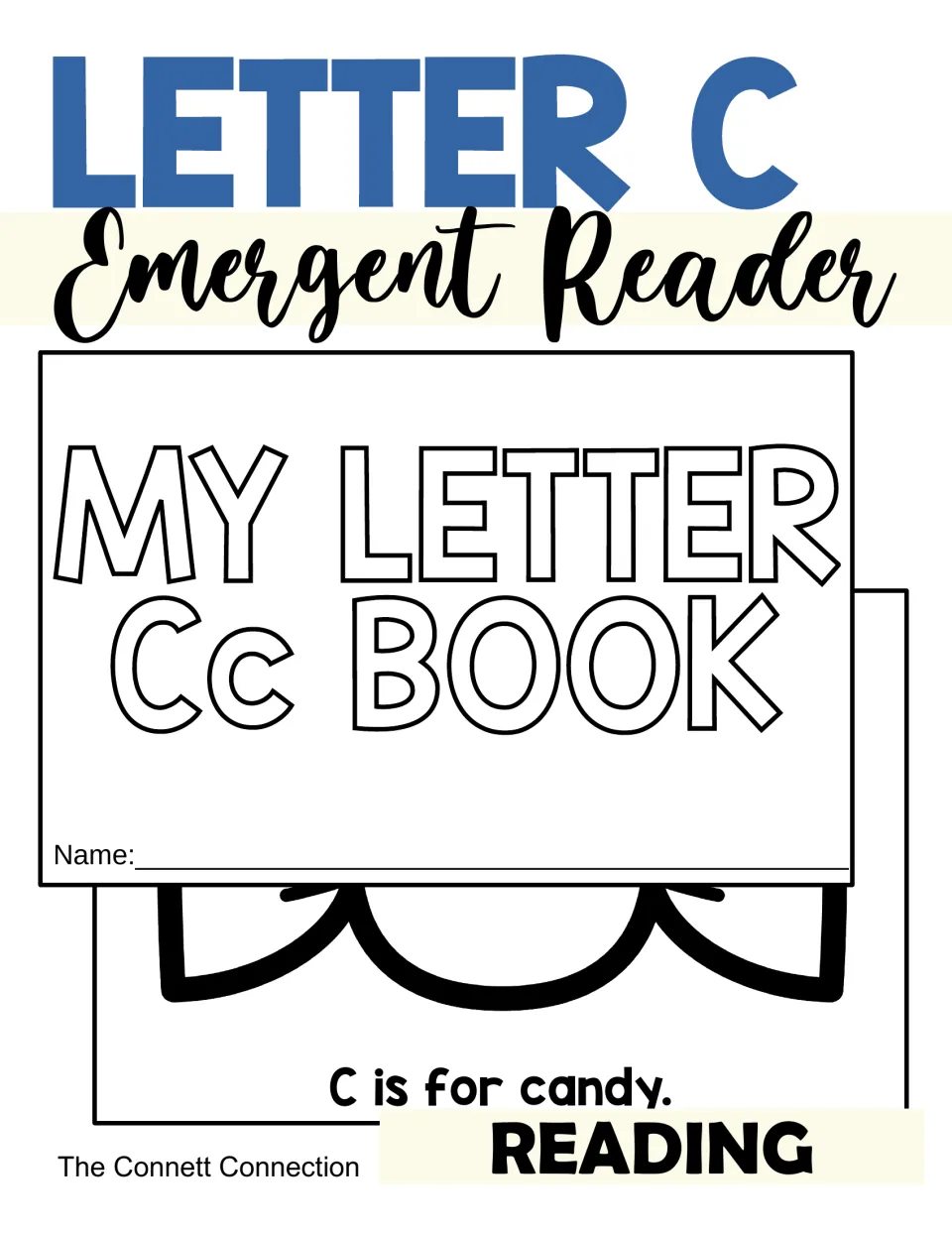 Letter C Emergent Reader cover showing the My Letter Cc Book title page and a sample page reading C is for candy
