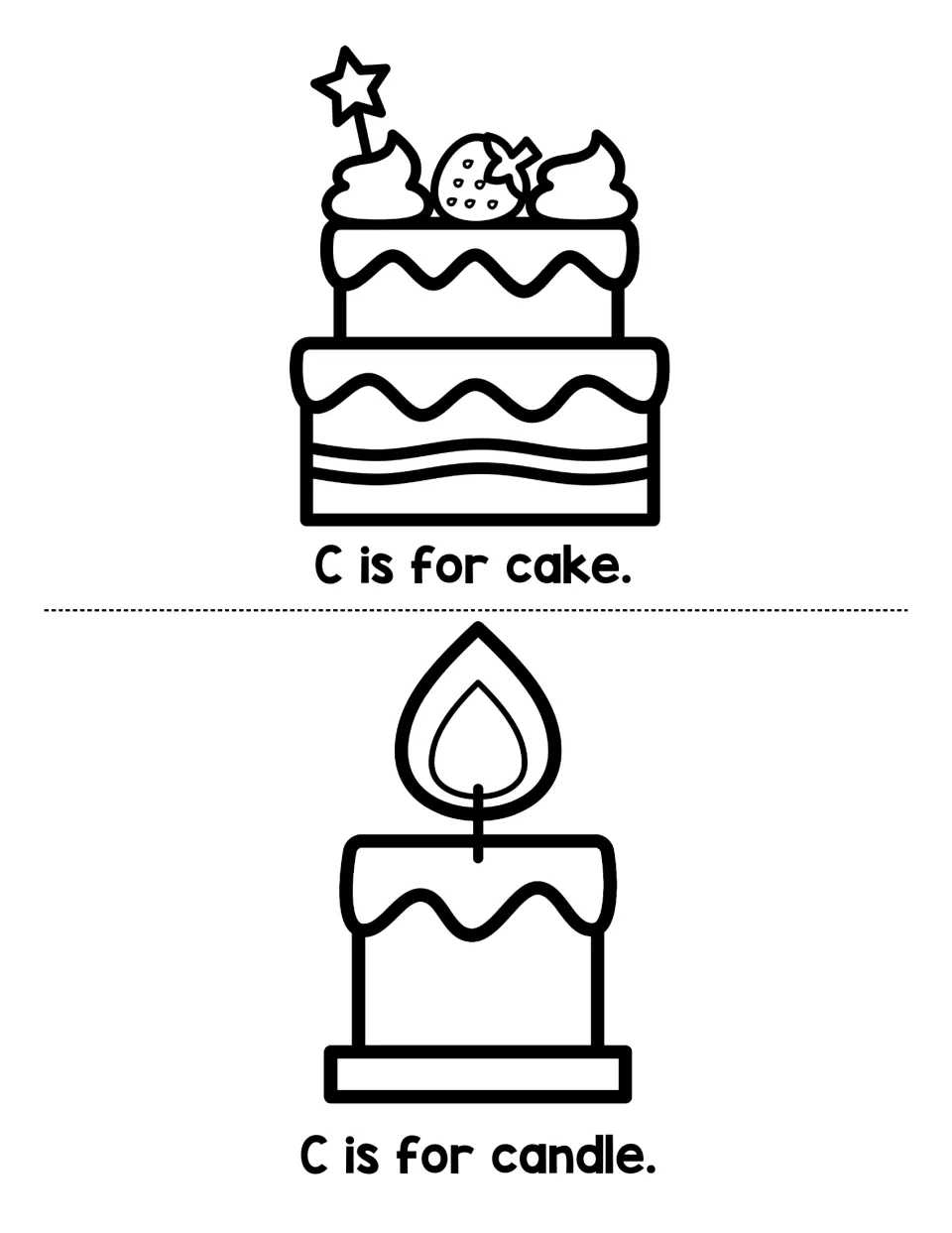 Letter C mini-book pages: students read C is for cake and C is for candle, each sentence under a line drawing