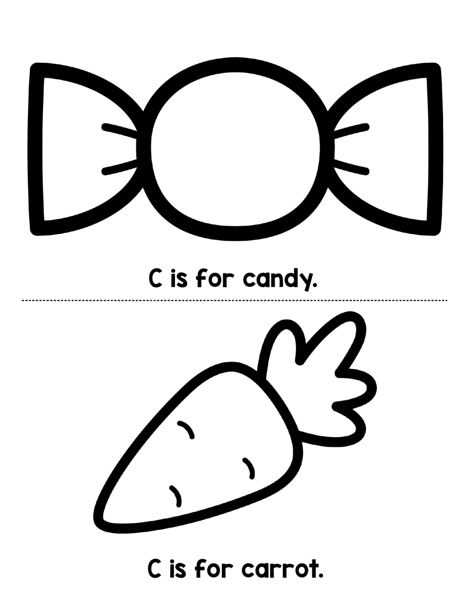 Initial /k/ sound practice: students read C is for candy and C is for carrot beside pictures of a candy and a carrot