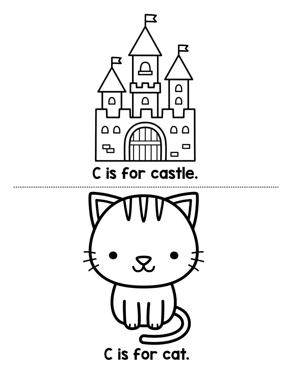 Last reader pages: students read C is for castle and C is for cat, illustrated with a castle and a kitten