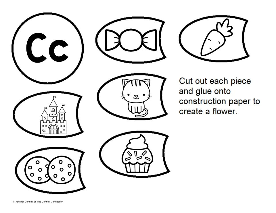 Letter C beginning sounds: students cut out a Cc center and petals showing candy, carrot, cat, castle, cupcake and cookies