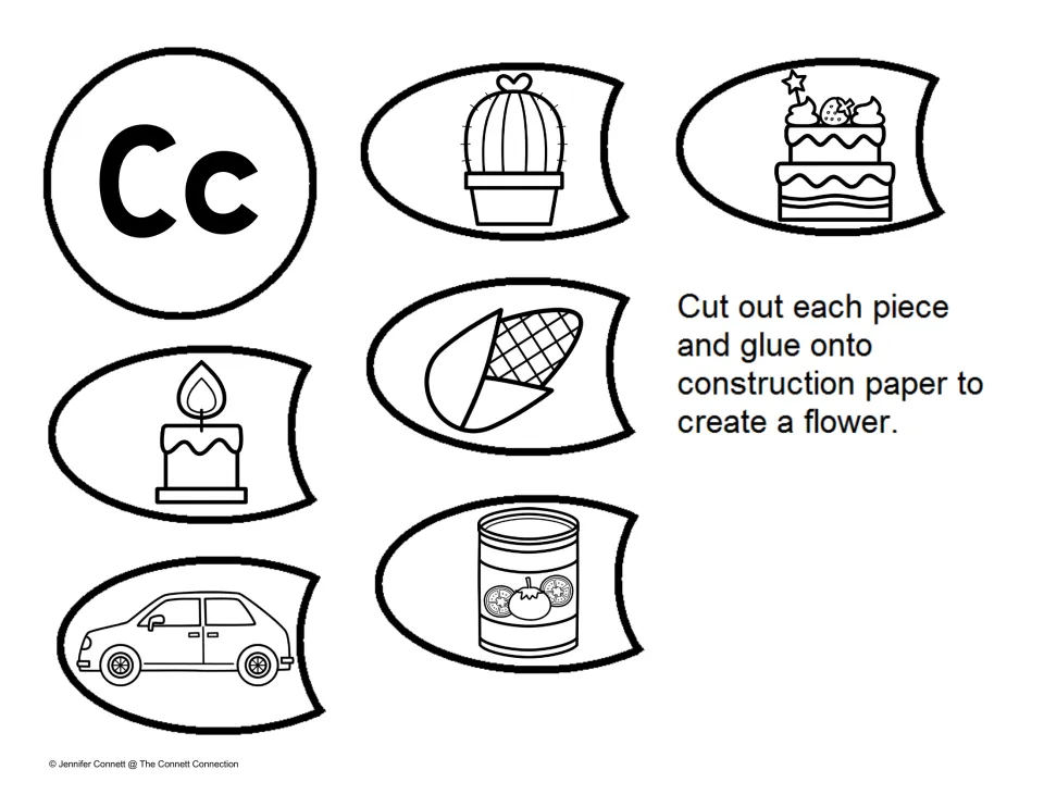 Letter C picture petals: students cut out cactus, cake, corn, candle, can and car petals and a Cc center to make a flower